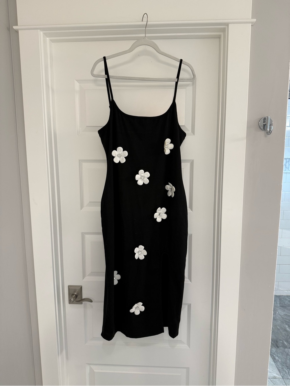 SHEIN Black Midi Slip Dress with White Floral Appliqués